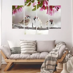Obraz Tetraptyk Do Salonu Ptaki Pośród Kwiatów 80x60cm