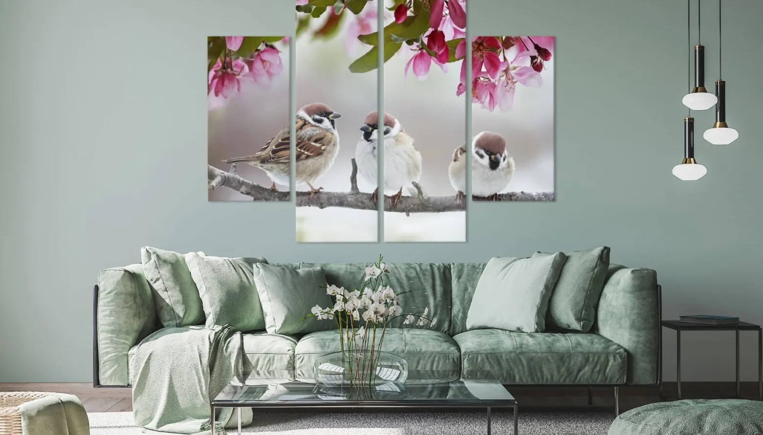 Obraz Tetraptyk Do Salonu Ptaki Pośród Kwiatów 80x60cm