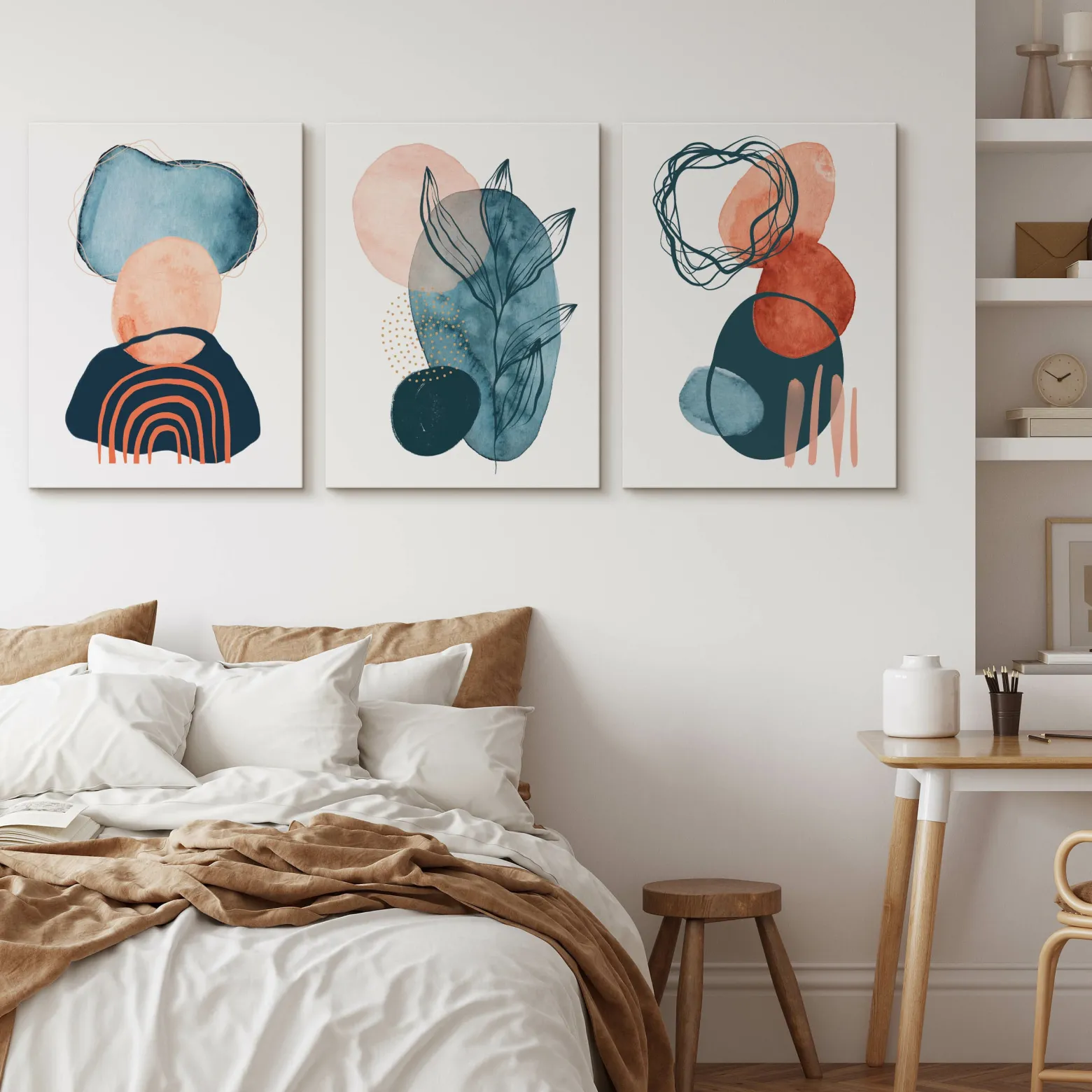OBRAZY SET AKWARELE ABSTRAKCYJNE KSZTAŁTY BOHO 90x40cm