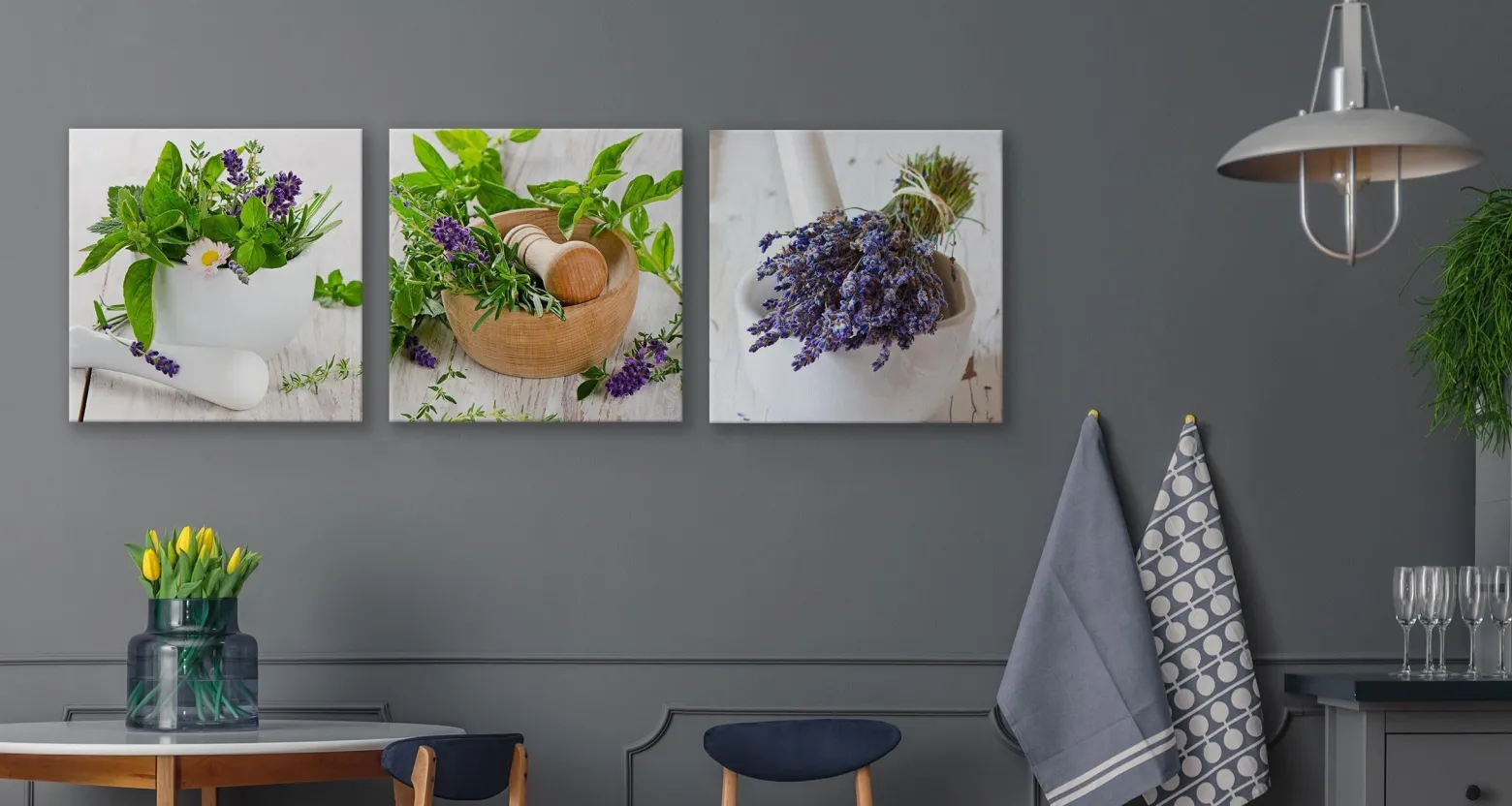 Obrazy Do Kuchni SET Świeże Zioła Z Lawendą 120x40cm