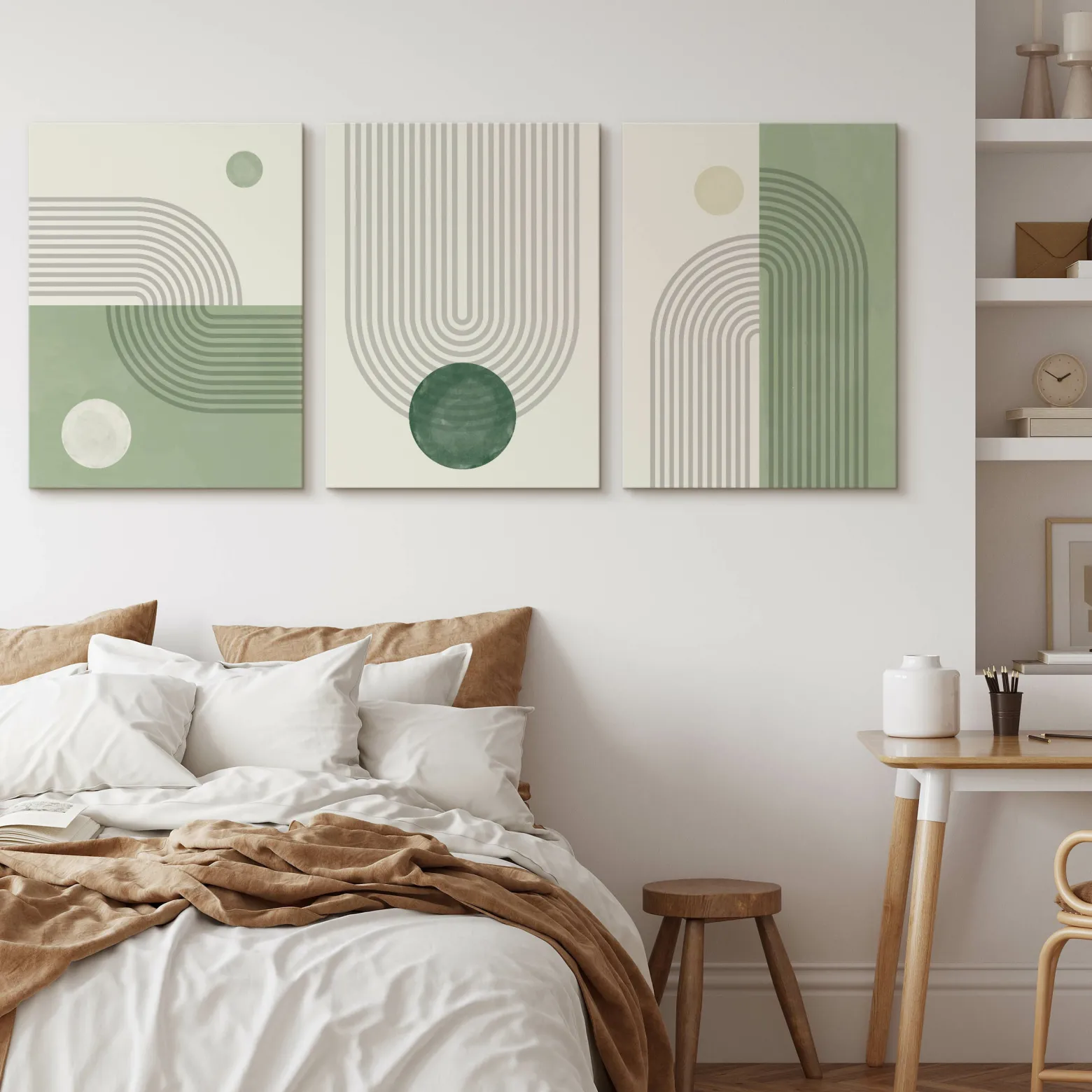 OBRAZY SET ZIELONE WZORY GEOMETRYCZNE ABSTRAKCJA 90x40cm