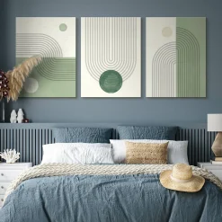 OBRAZY SET ZIELONE WZORY GEOMETRYCZNE ABSTRAKCJA 90x40cm