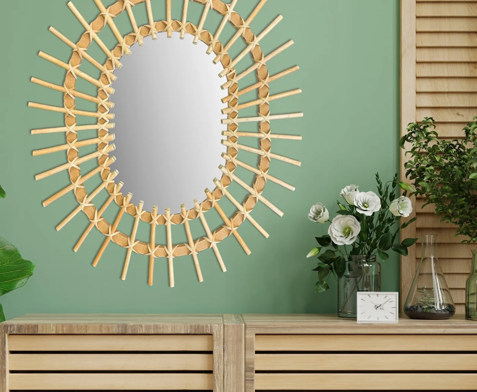 Owalne Lustro Boho Bambus Ścienne 57Cm Naturalne Qdj5749