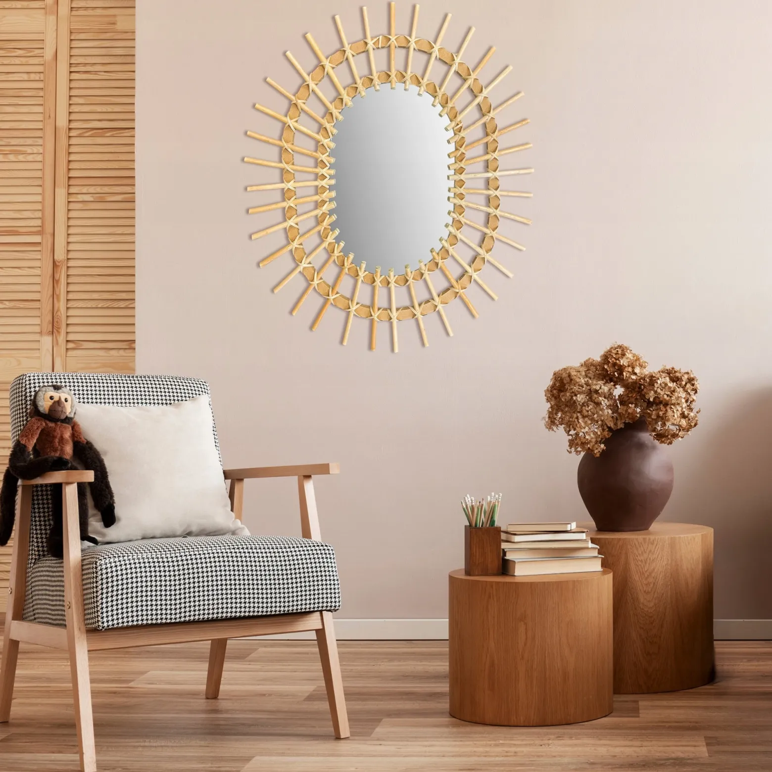 Owalne Lustro Boho Bambus Ścienne 57Cm Naturalne Qdj5749