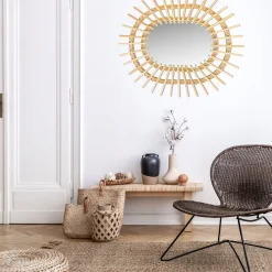 Owalne Lustro Boho Bambus Ścienne 57Cm Naturalne Qdj5749