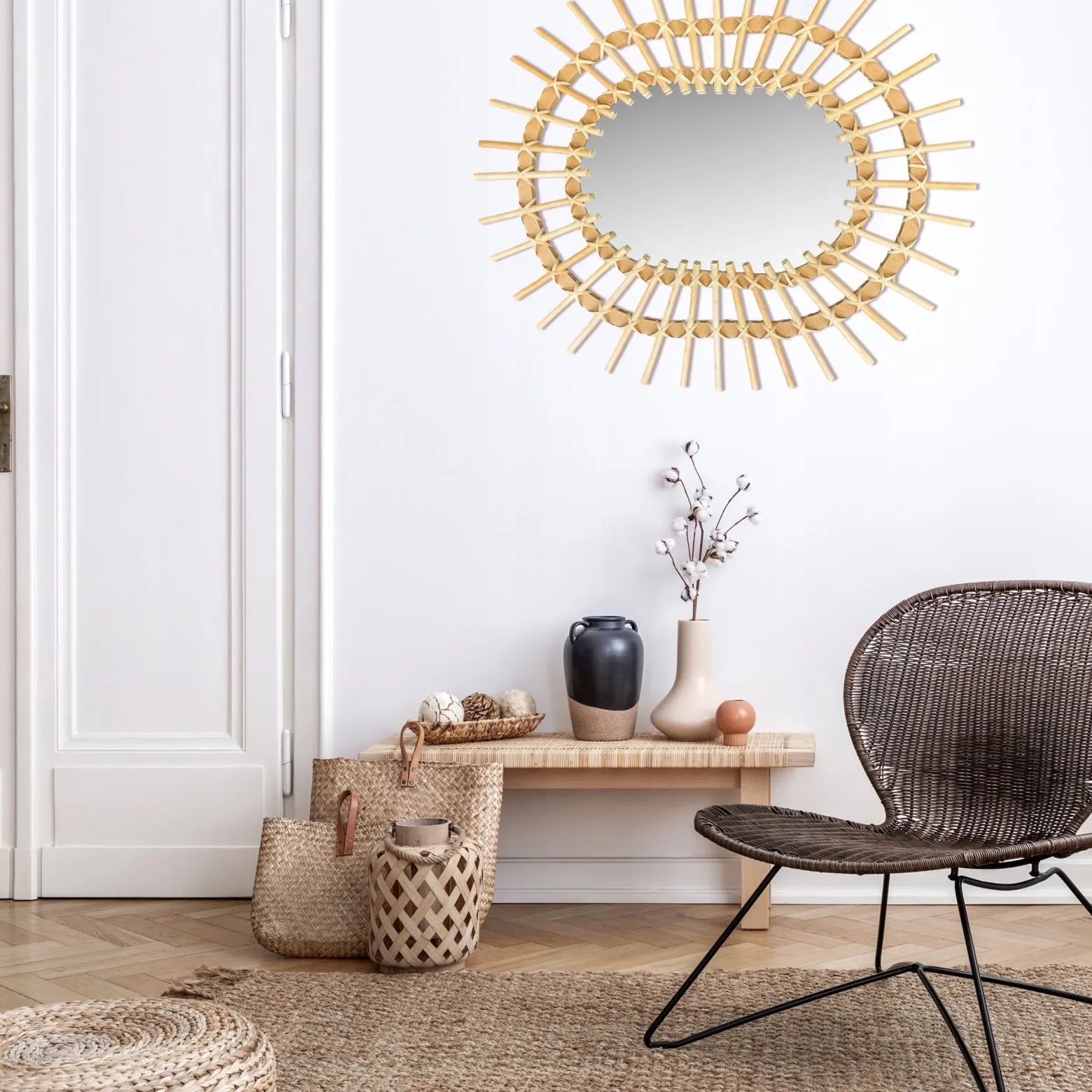 Owalne Lustro Boho Bambus Ścienne 57Cm Naturalne Qdj5749