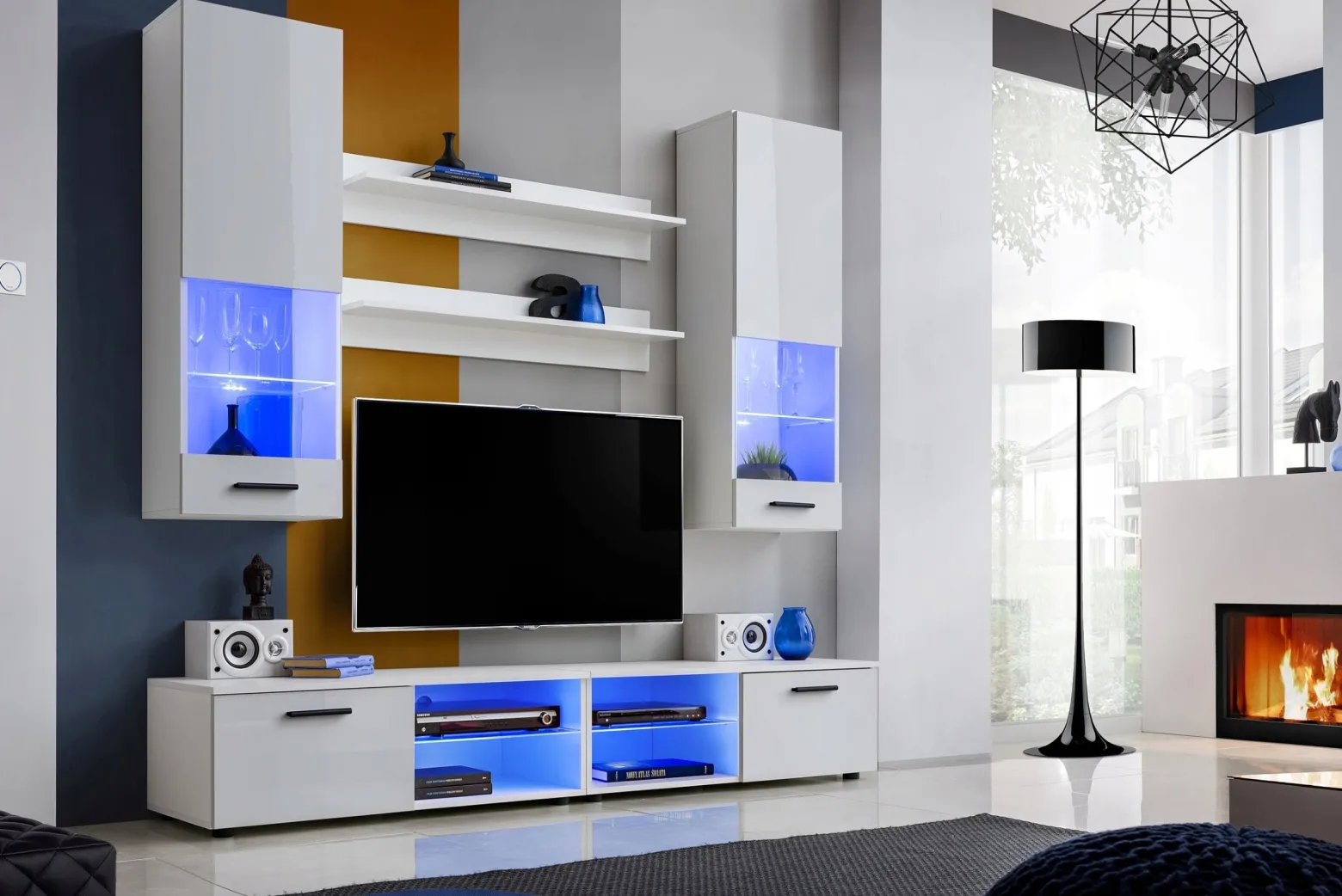 Pan Igiełka - Zestaw Mebli Komplet - Meblościanka RTV z Witrynami LED RGB