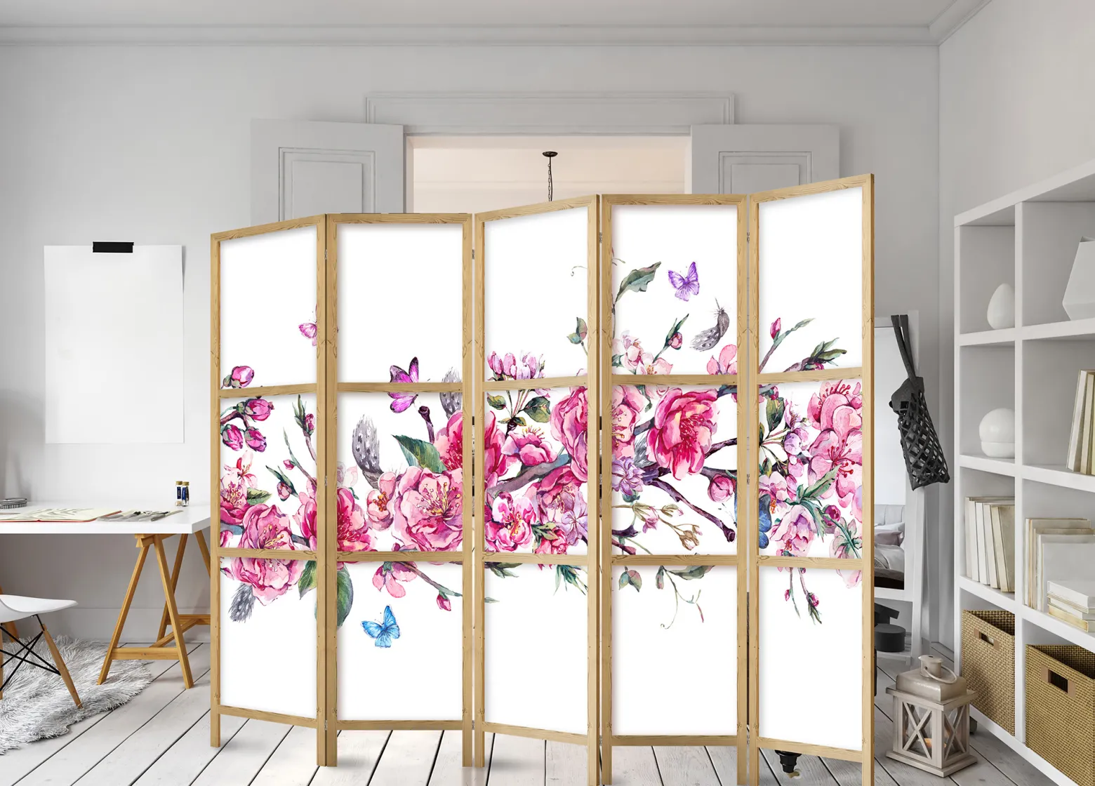 Parawan Japoński 5-panelowy Kwiaty I Motyle 225x172cm