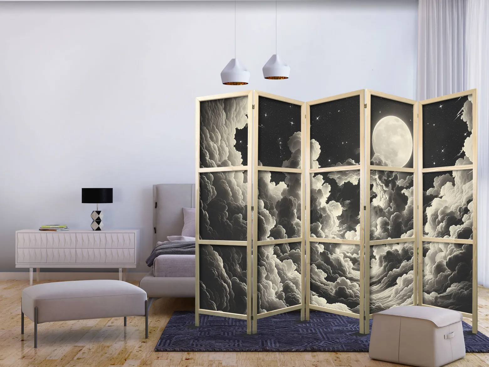 Parawan Japoński 5-panelowy Księżyc I Gwiazdy 225x172cm