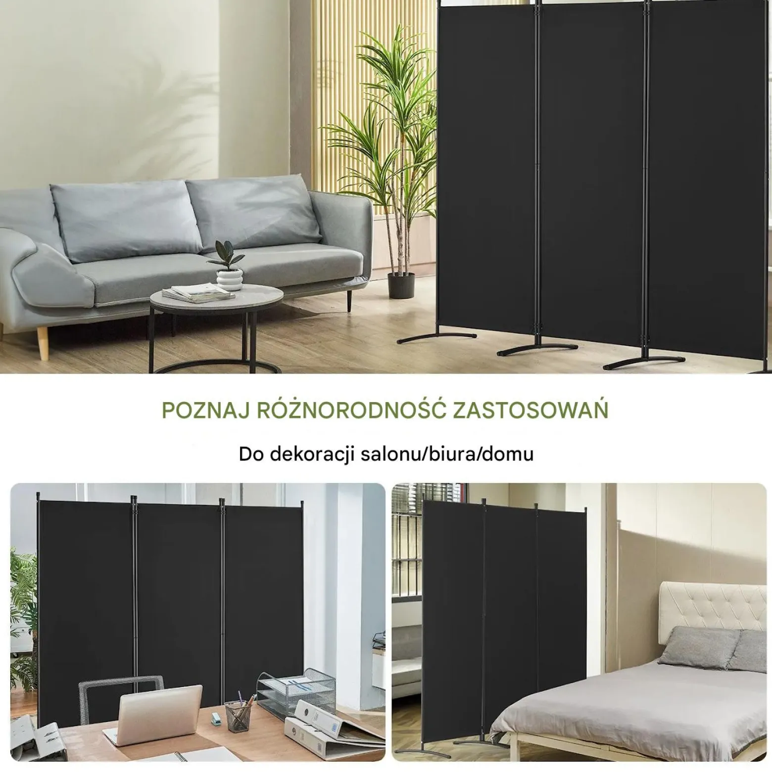 Parawan pokojowy 3-panelowy 228x184cm składany tkanina wolnostojący czarny