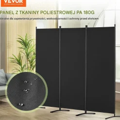 Parawan pokojowy 3-panelowy 228x184cm składany tkanina wolnostojący czarny