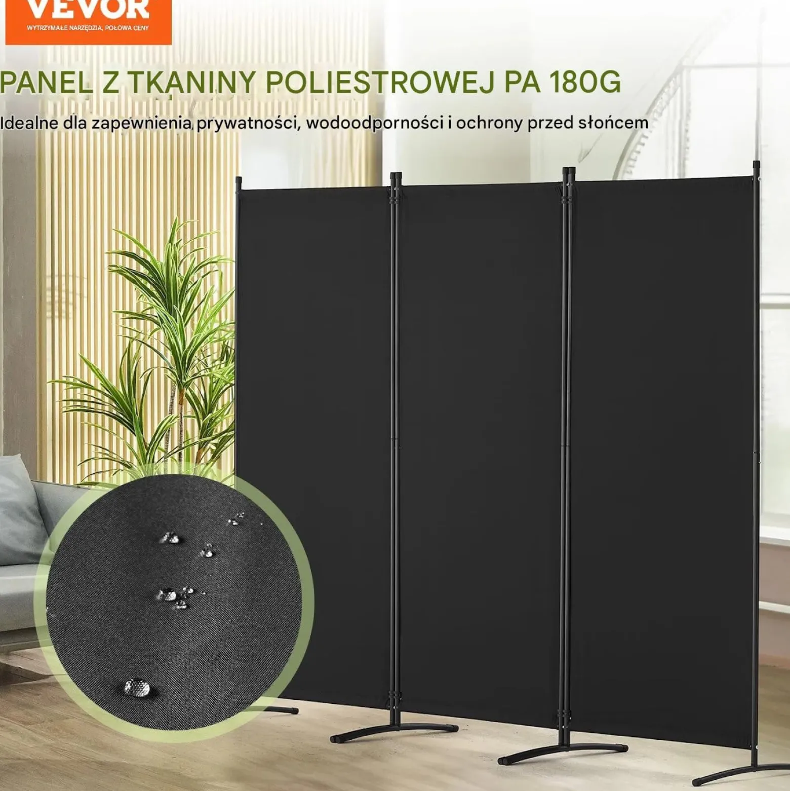Parawan pokojowy 3-panelowy 228x184cm składany tkanina wolnostojący czarny