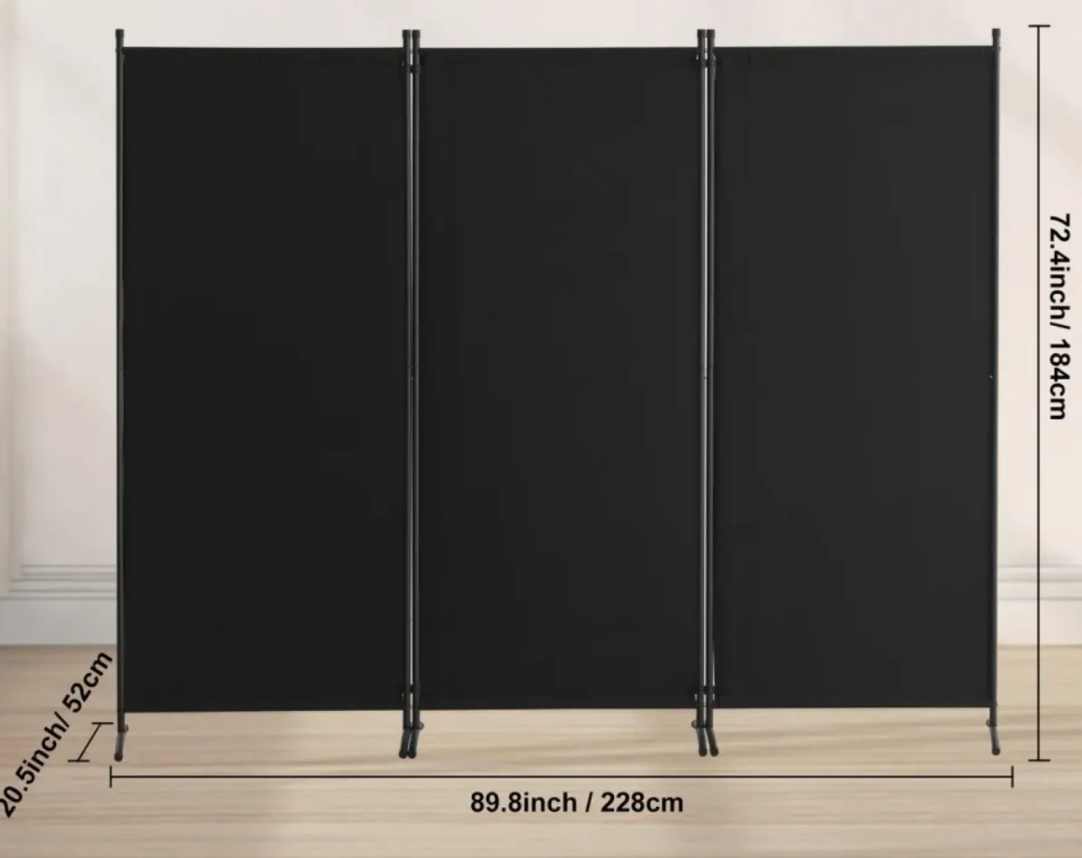 Parawan pokojowy 3-panelowy 228x184cm składany tkanina wolnostojący czarny