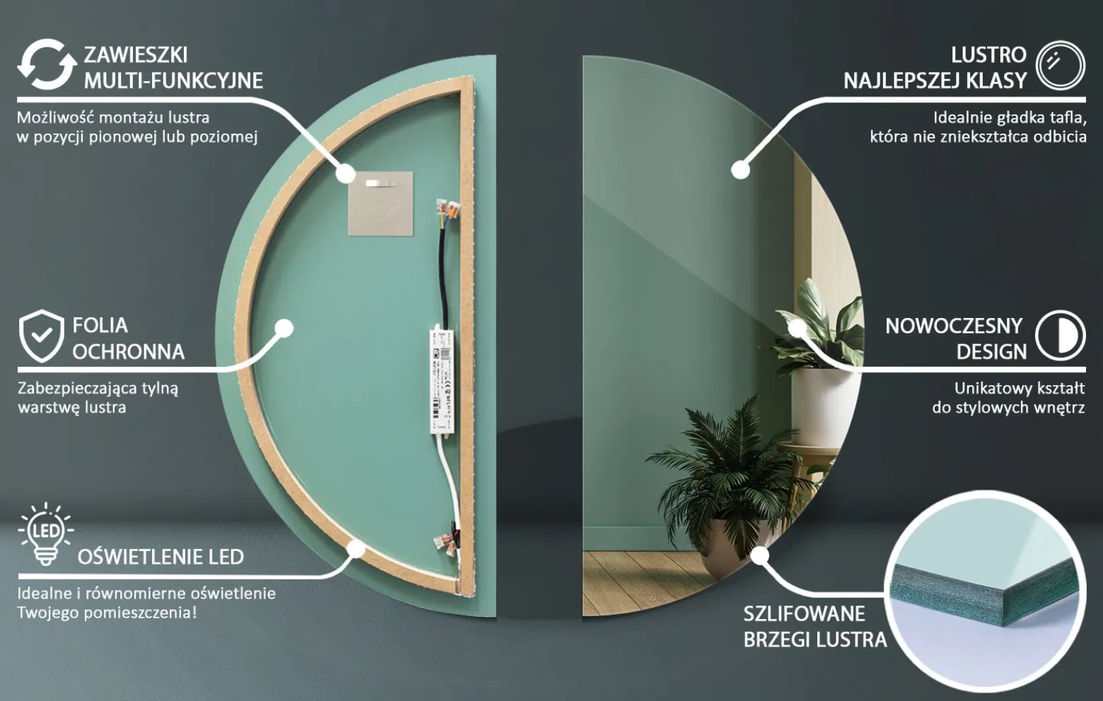 Piękne Półokrągłe LED Duże Lustro do Sypialni 1/2 fi100 cm
