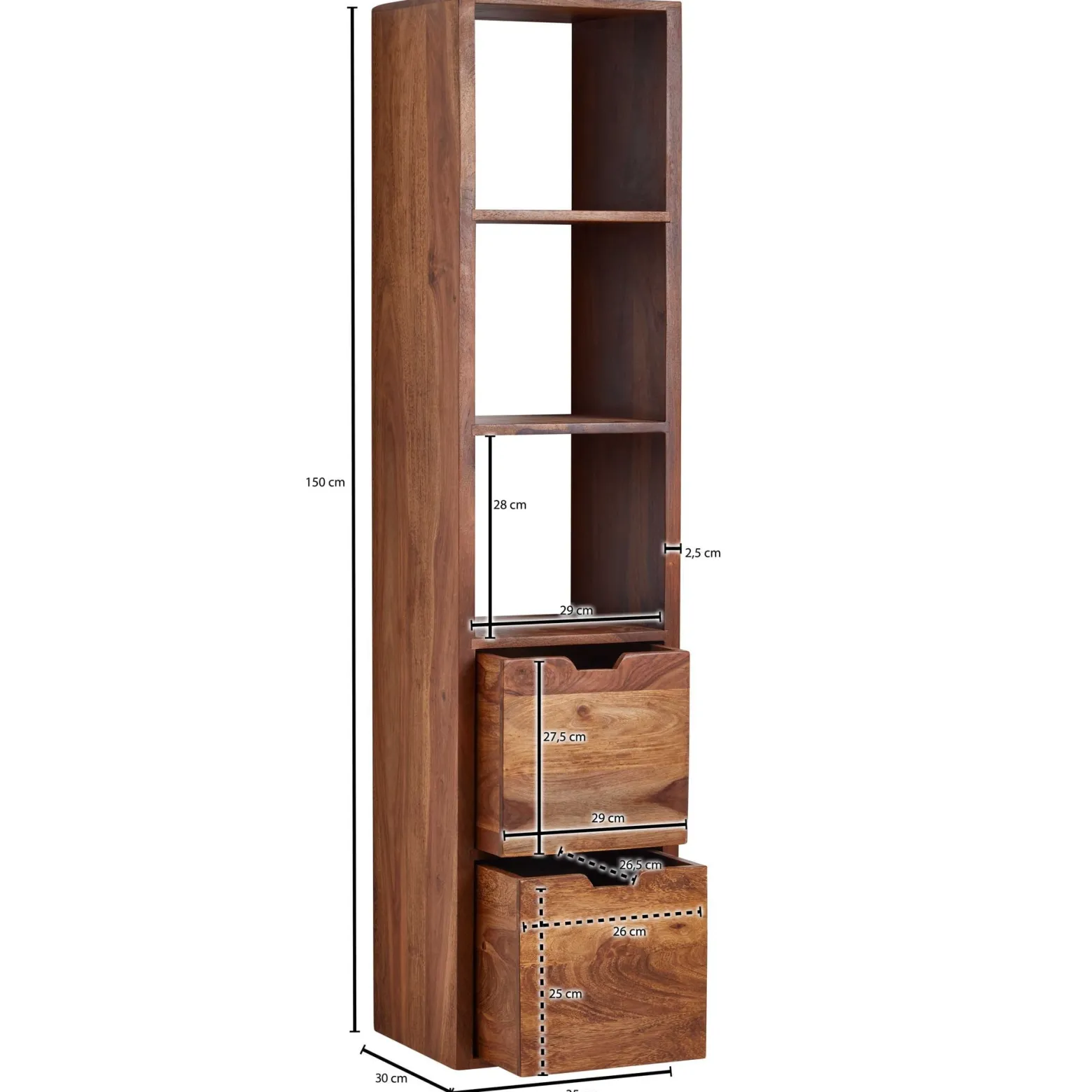 Półka Ścienna 150 cm Drewno Sheesham 5 Półek 2 Szuflady Nowoczesny