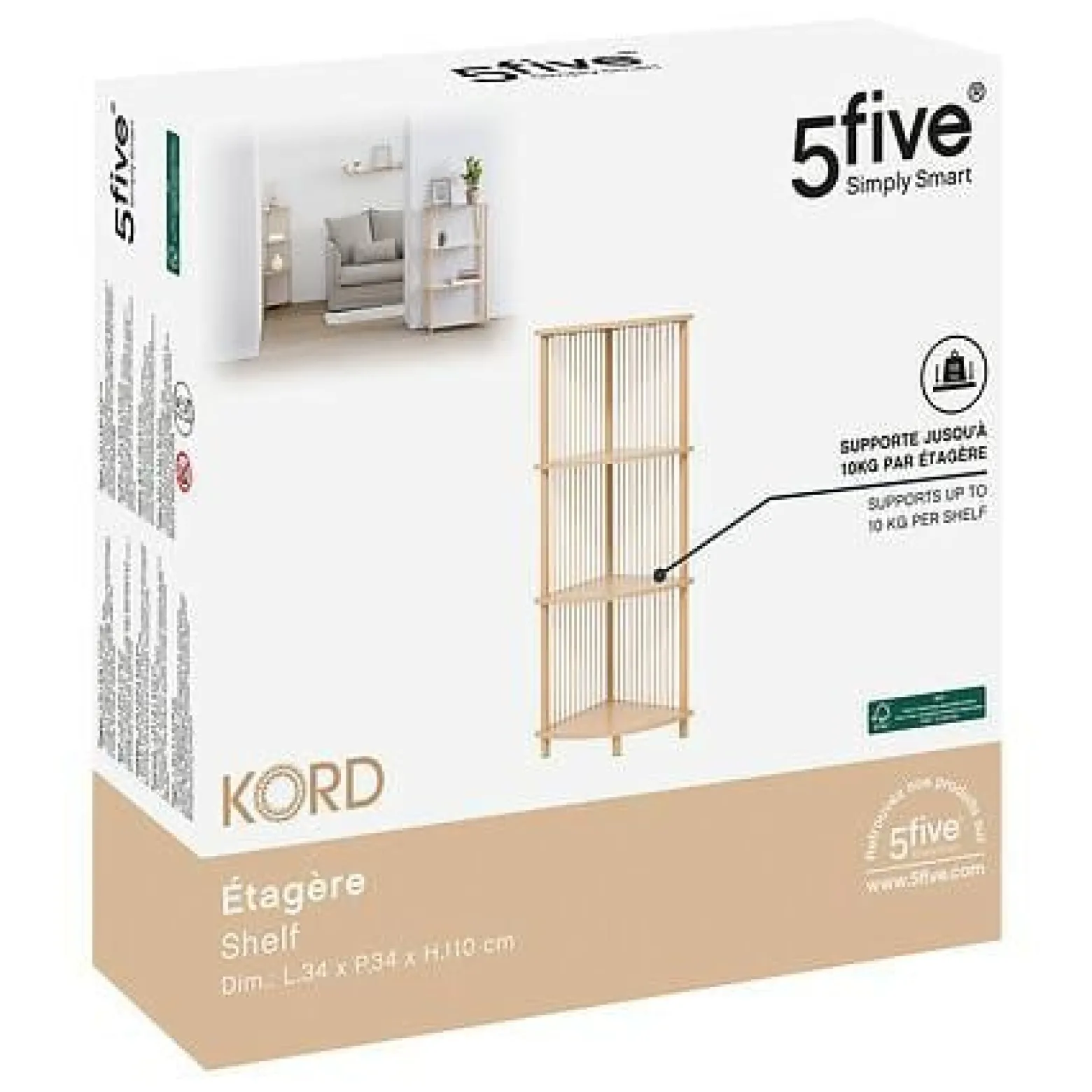 PÓŁKA NAROŻNA Kord naturalna 4-POZIOMOWA z mdf 34x34x110 cm