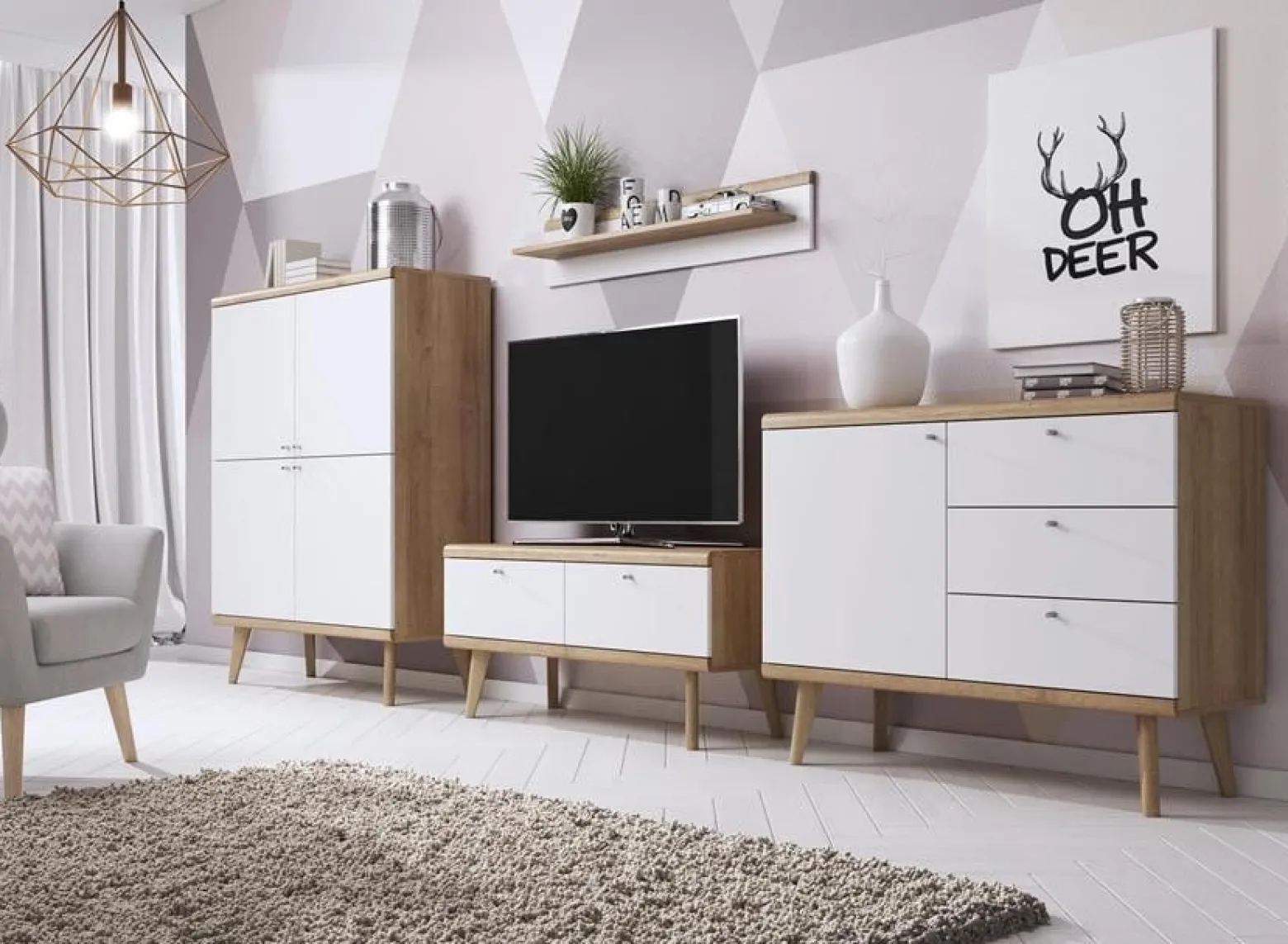 Półka wisząca PRIMO 107 cm Biały + Dąb Riviera