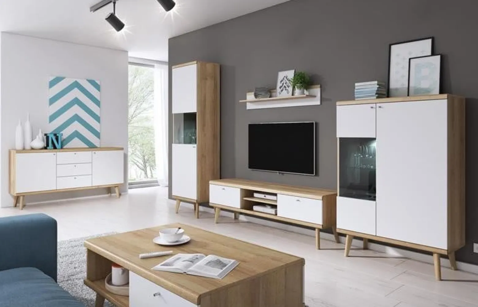 Półka wisząca PRIMO 107 cm Biały + Dąb Riviera