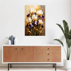 Plakat samoprzylepny do salonu Feeby Irysy Kwiaty na beżowym tle 20x30