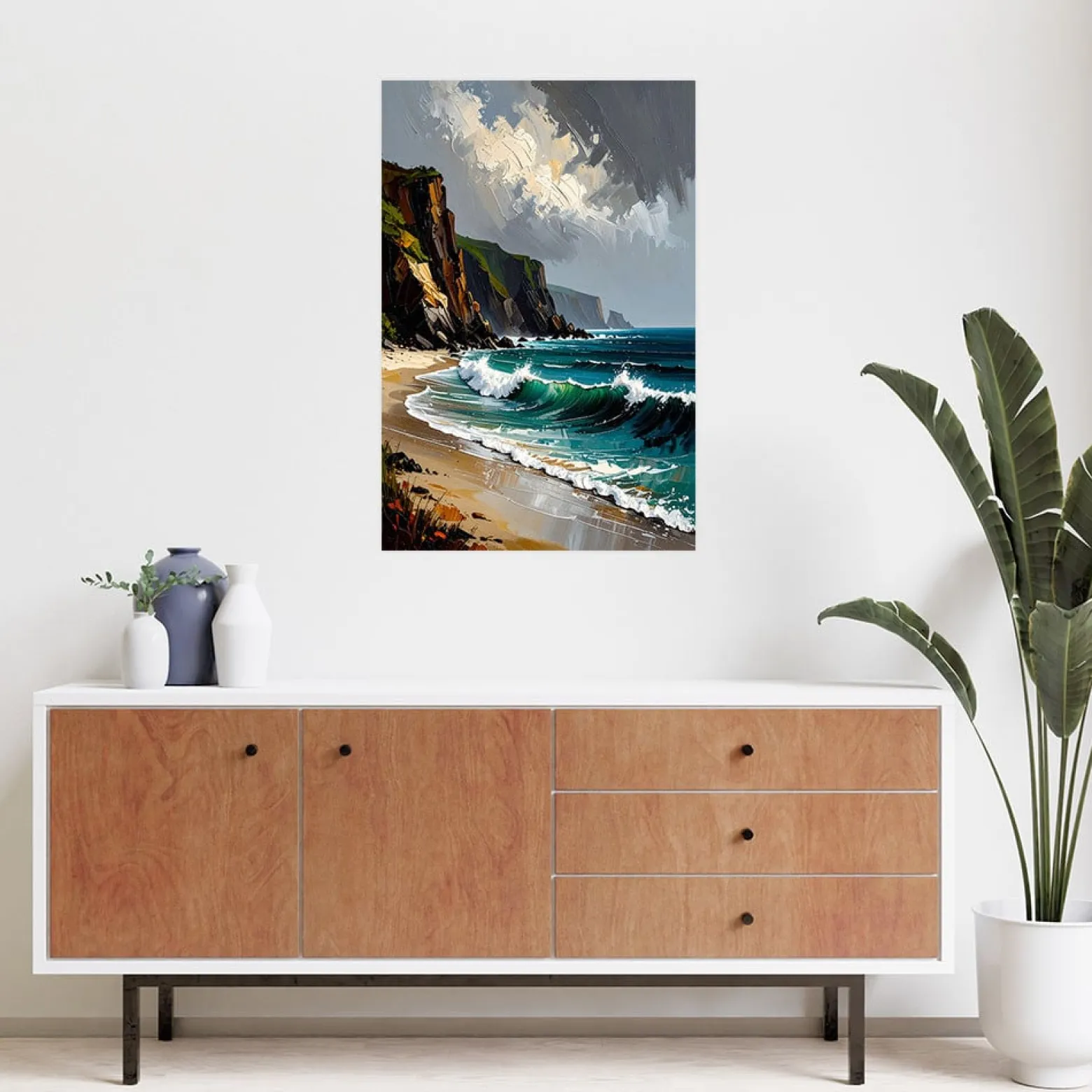 Plakat samoprzylepny do salonu sypialni Feeby Morze Plaża Skały Góry 20x30