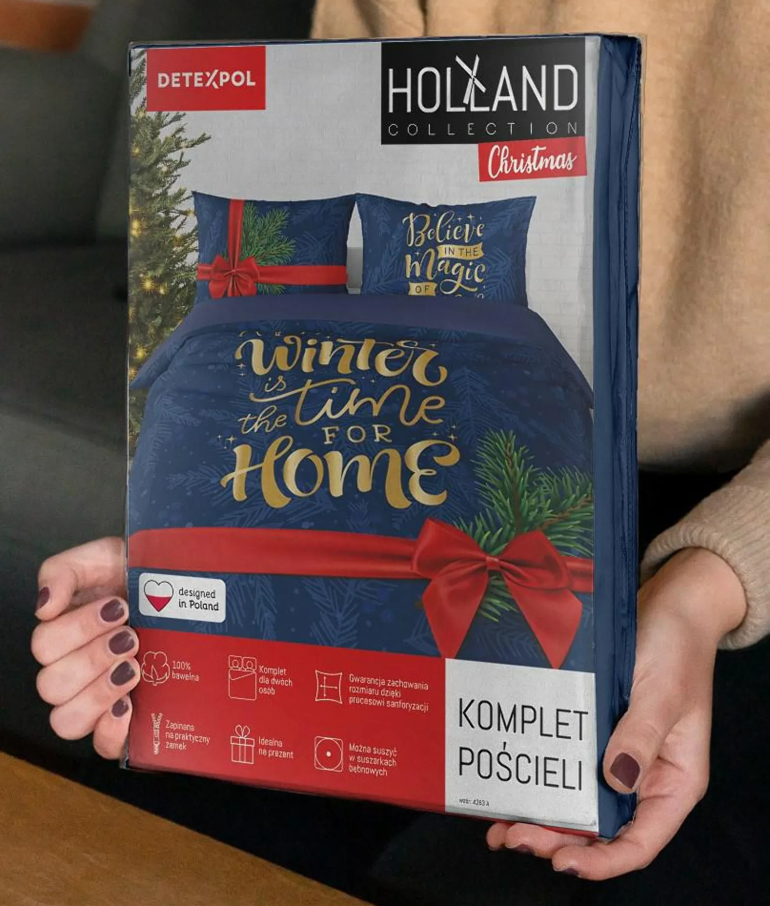 Pościel świąteczna Holland 160x200 granatowo-czerwona kokarda