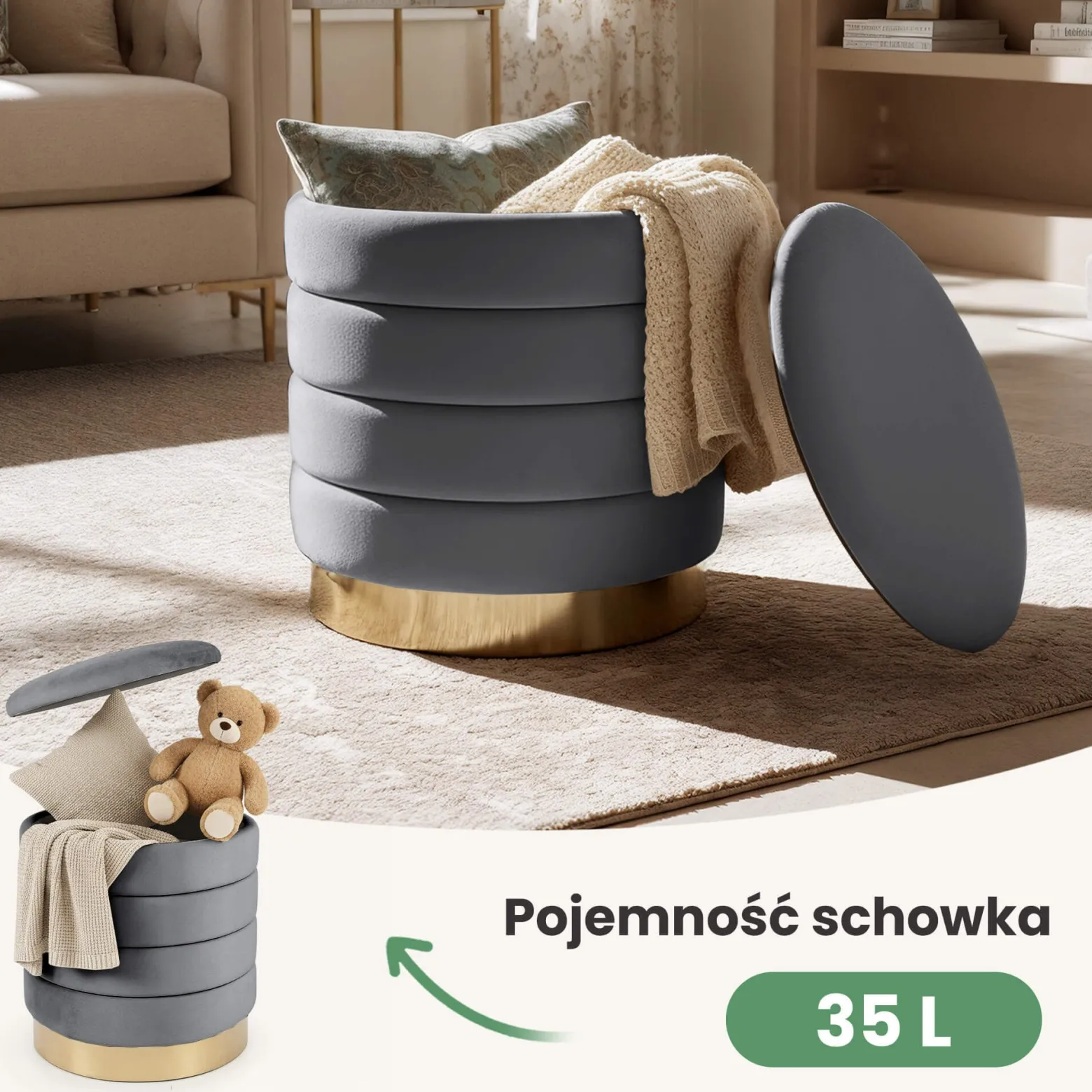Pufa otwierana ze schowkiem welurowa 40 cm LUNA Grafit