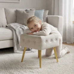 Pufa tapicerowana welurowa pikowana 40 cm QUADRA Beżowa