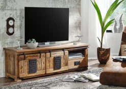RAILWAY Szafka RTV #101 Mango woskowane + metal 160x45x50 cm