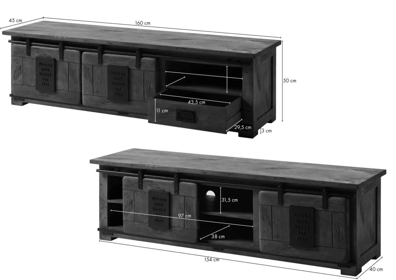 RAILWAY Szafka RTV #101 Mango woskowane + metal 160x45x50 cm