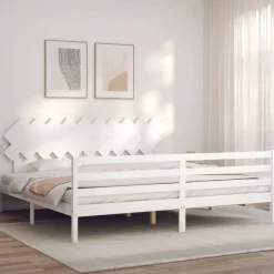 Rama łóżka z wezgłowiem biała 200x200 cm lite drewno