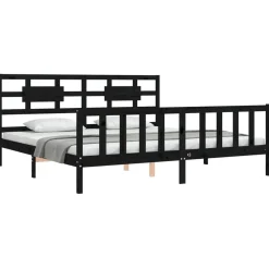 Rama łóżka z wezgłowiem czarna 200x200 cm lite drewno