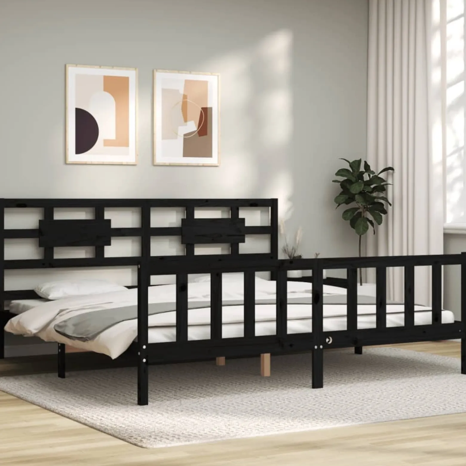Rama łóżka z wezgłowiem czarna 200x200 cm lite drewno