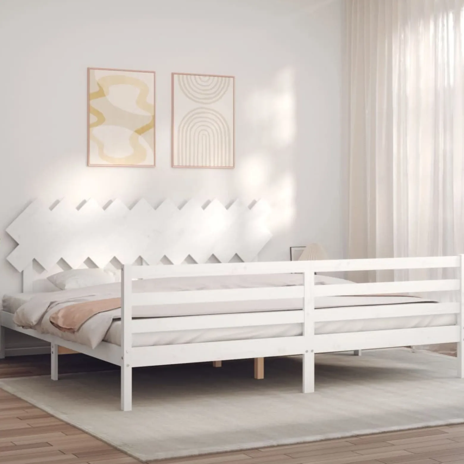 Rama łóżka z wezgłowiem biała 200x200 cm lite drewno