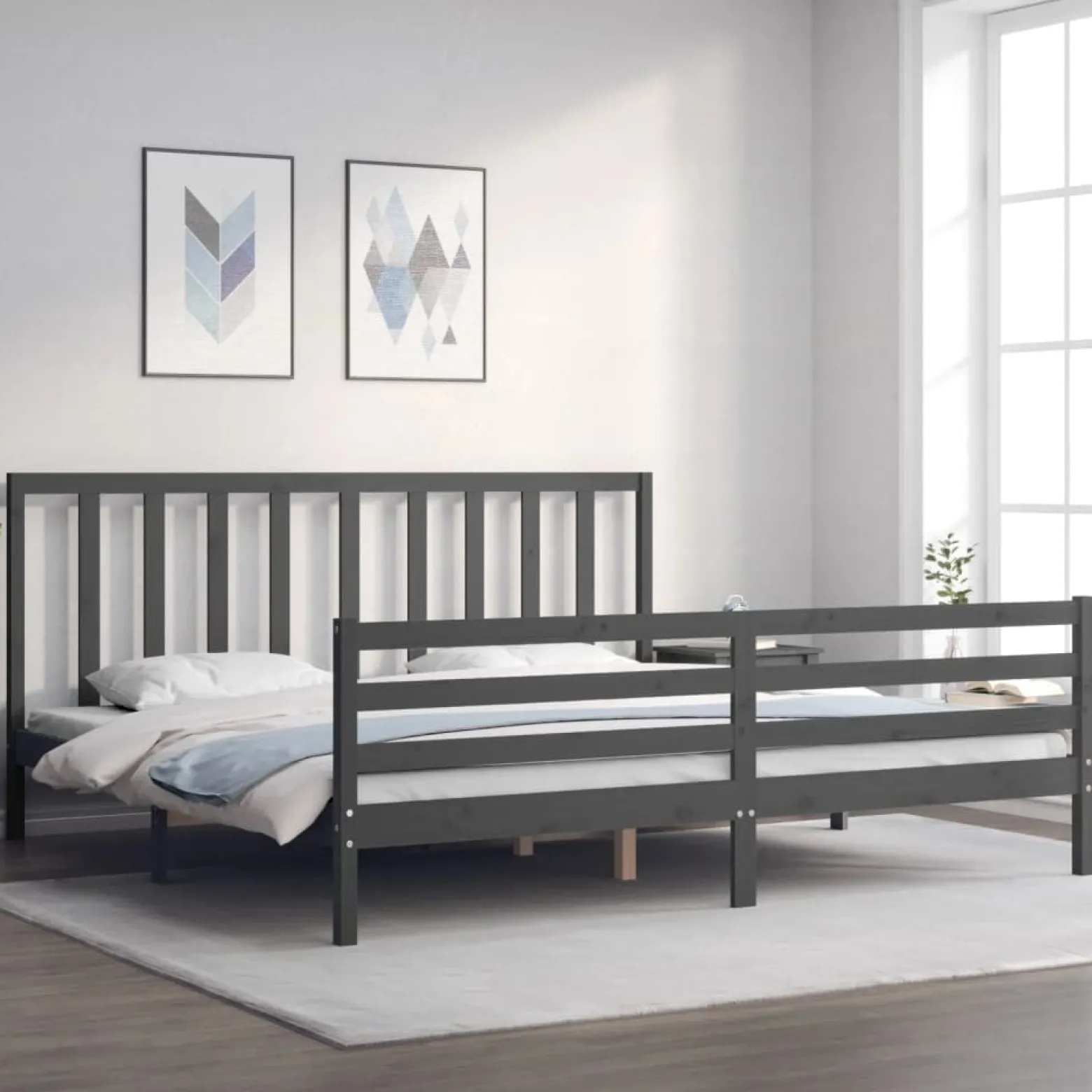 Rama łóżka z wezgłowiem szara 200x200 cm lite drewno