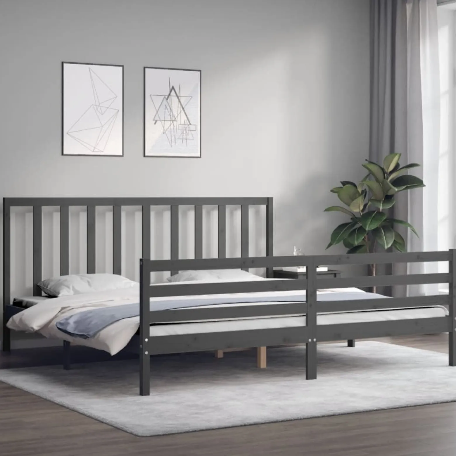 Rama łóżka z wezgłowiem szara 200x200 cm lite drewno