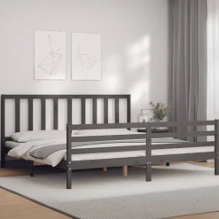Rama łóżka z wezgłowiem szara 200x200 cm lite drewno