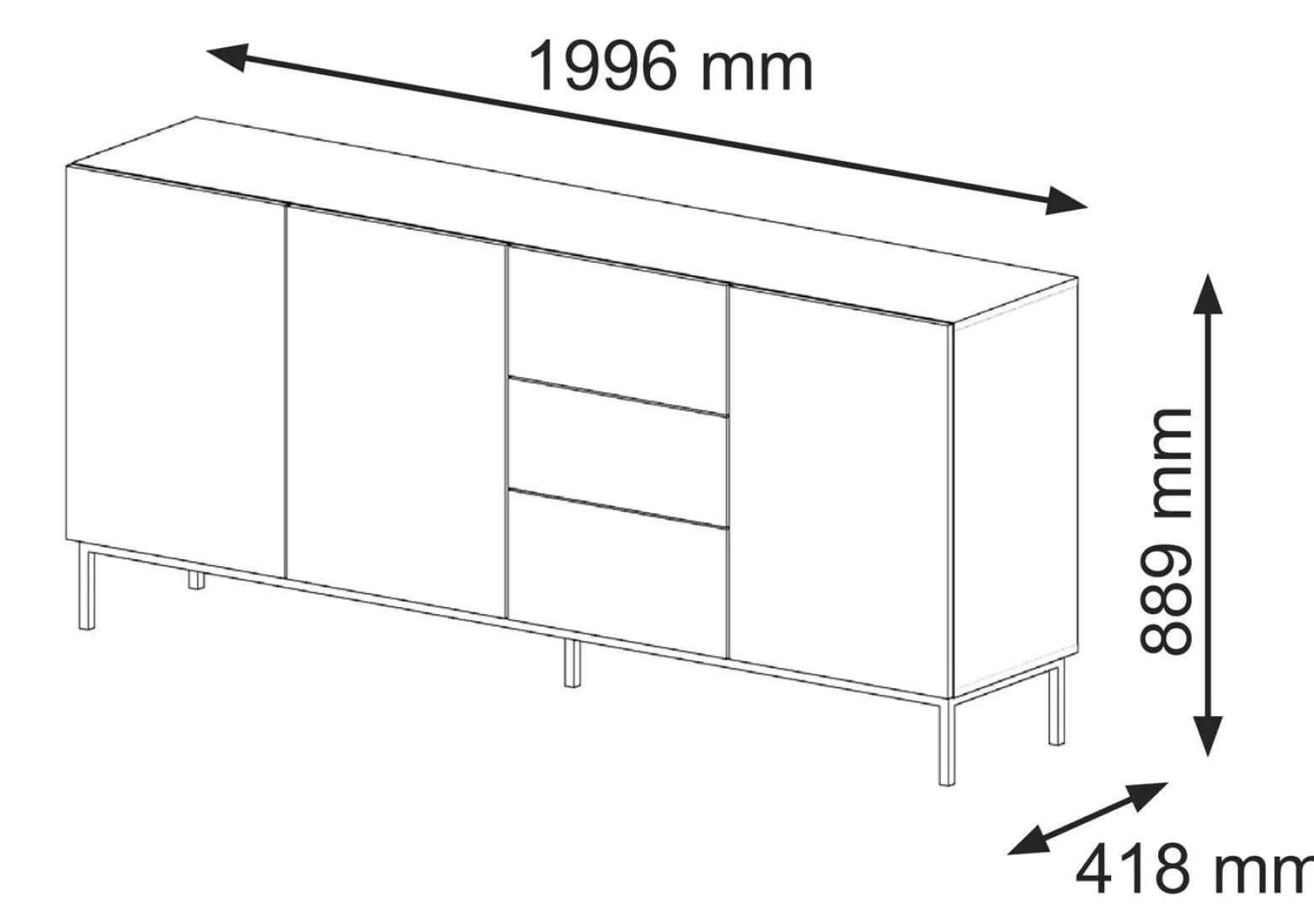 Ravenna B Komoda 200 3D3S frez MDF czarny mat + RAMA ZŁOTA