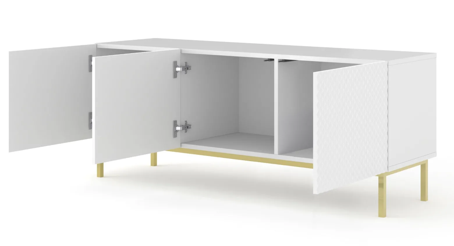 Ravenna C Szafka RTV 150 3D frez MDF biały połysk + RAMA ZŁOTA