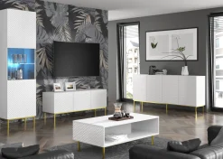 Ravenna C Szafka RTV 150 3D frez MDF biały połysk + RAMA ZŁOTA