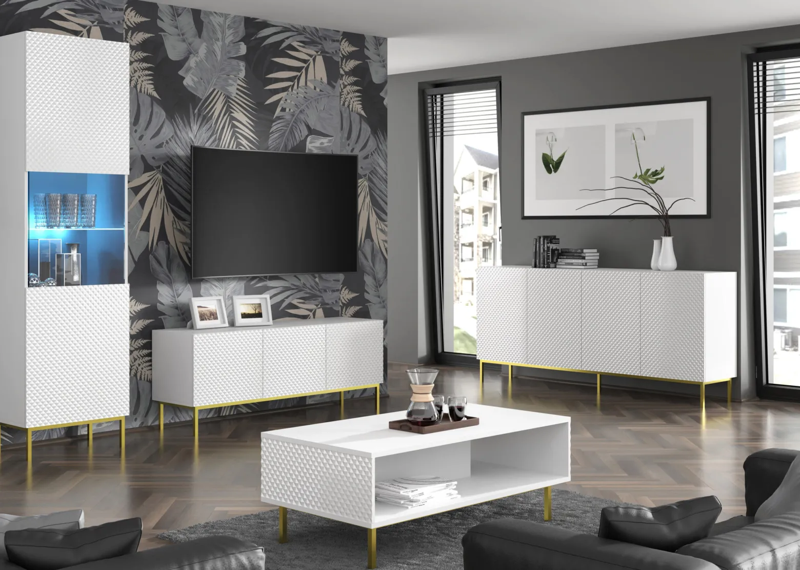 Ravenna C Szafka RTV 150 3D frez MDF biały połysk + RAMA ZŁOTA