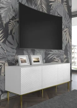 Ravenna C Szafka RTV 150 3D frez MDF biały połysk + RAMA ZŁOTA