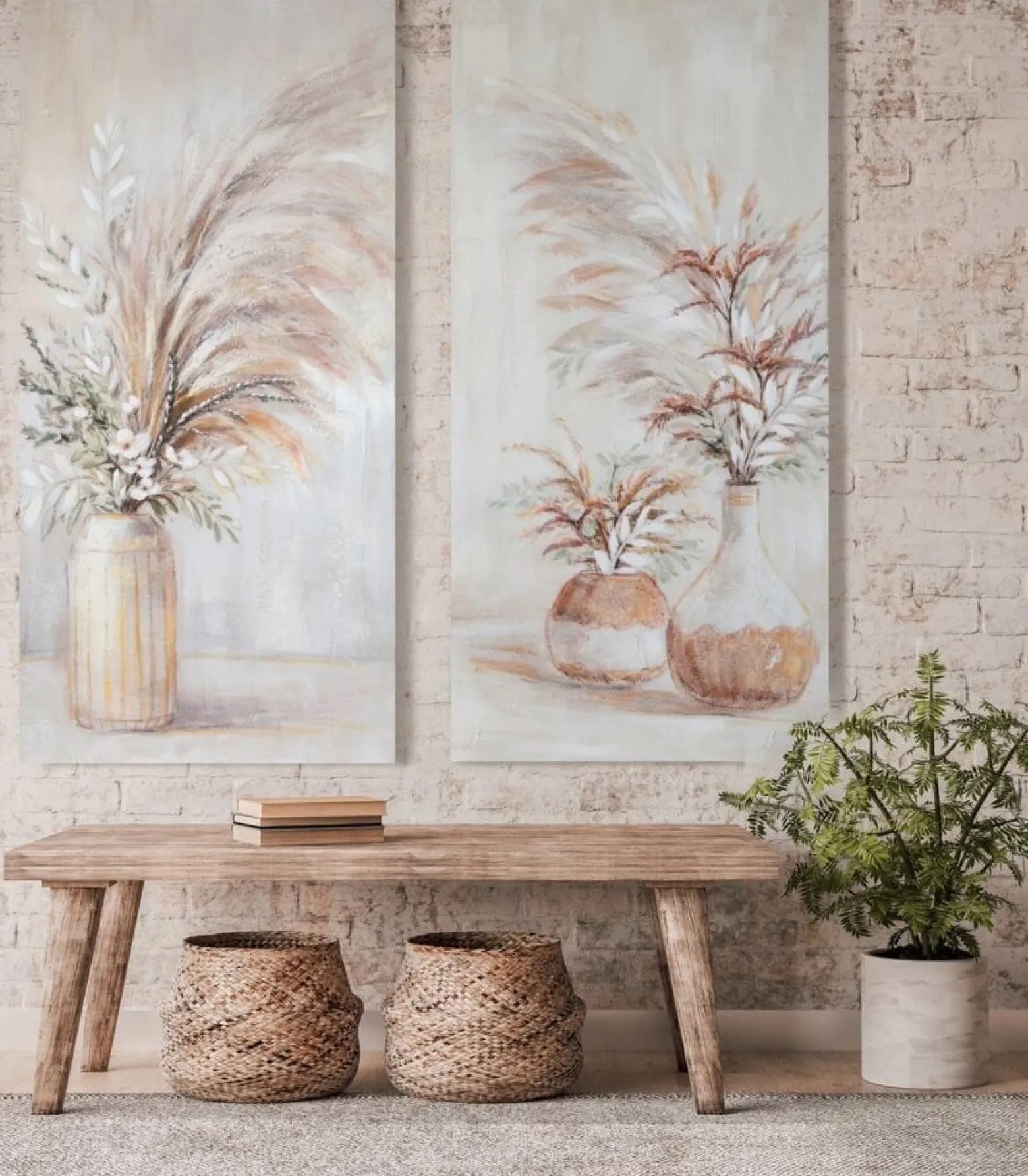 Ręcznie malowany obraz płótno 60x120 cm rośliny wazon