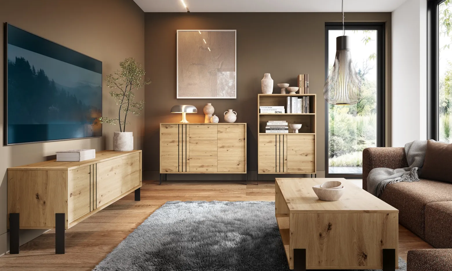 Regał 127 cm z szafką na książki do salonu NUVIO dąb artisan