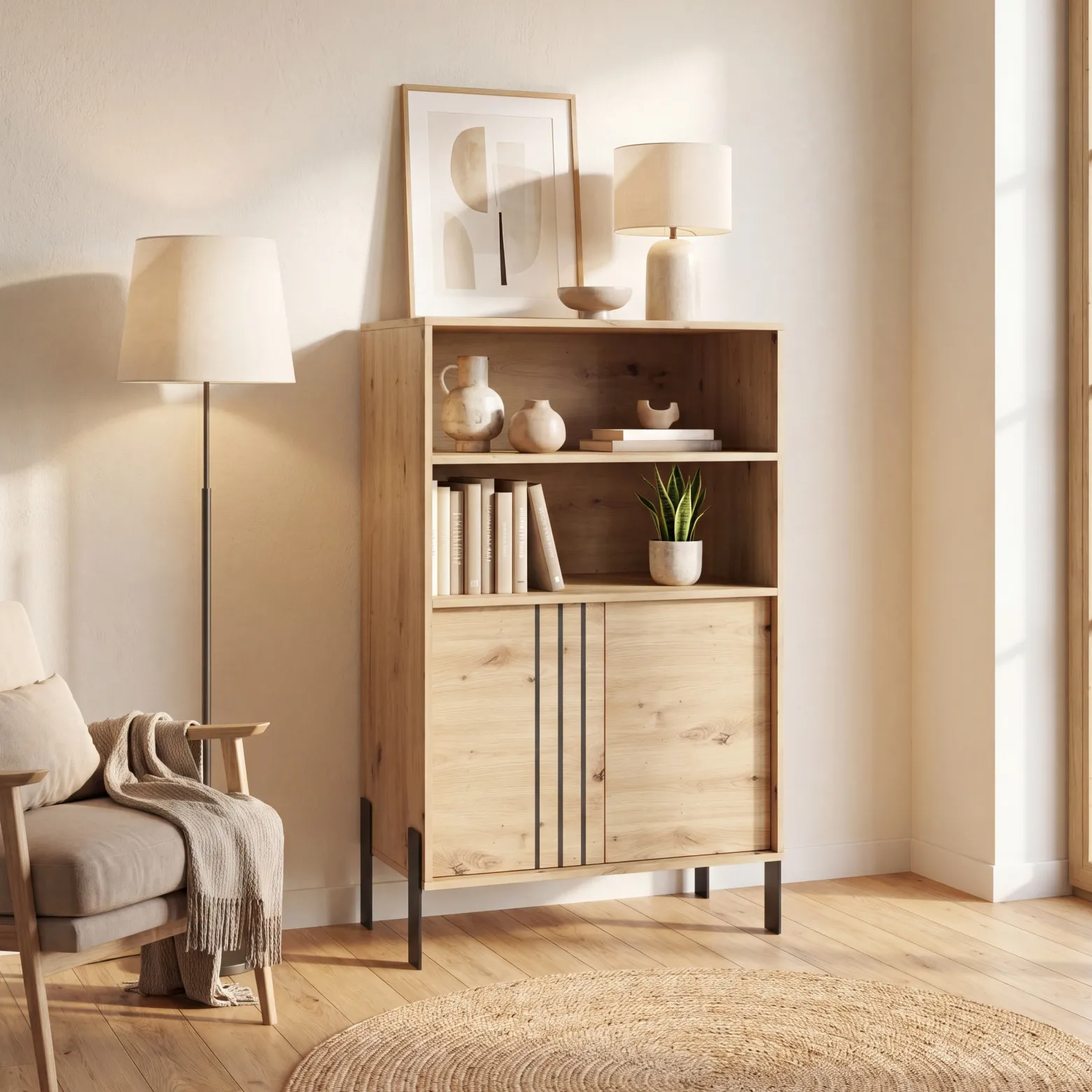 Regał 127 cm z szafką na książki do salonu NUVIO dąb artisan