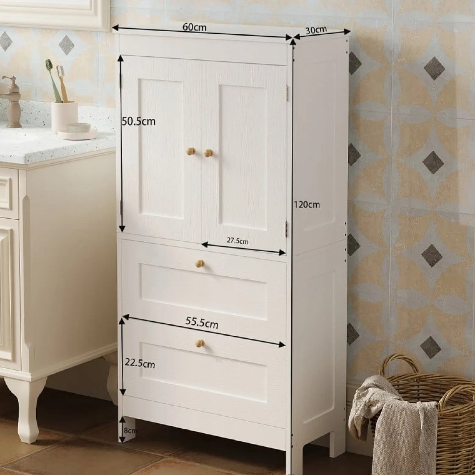 Regał szafka wolnostojąca 2 szuflady drzwiczki biały loft 120 cm