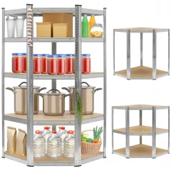 Regał magazynowy narożny metalowy srebrny 5 półek 2w1 180x90x90x40 cm
