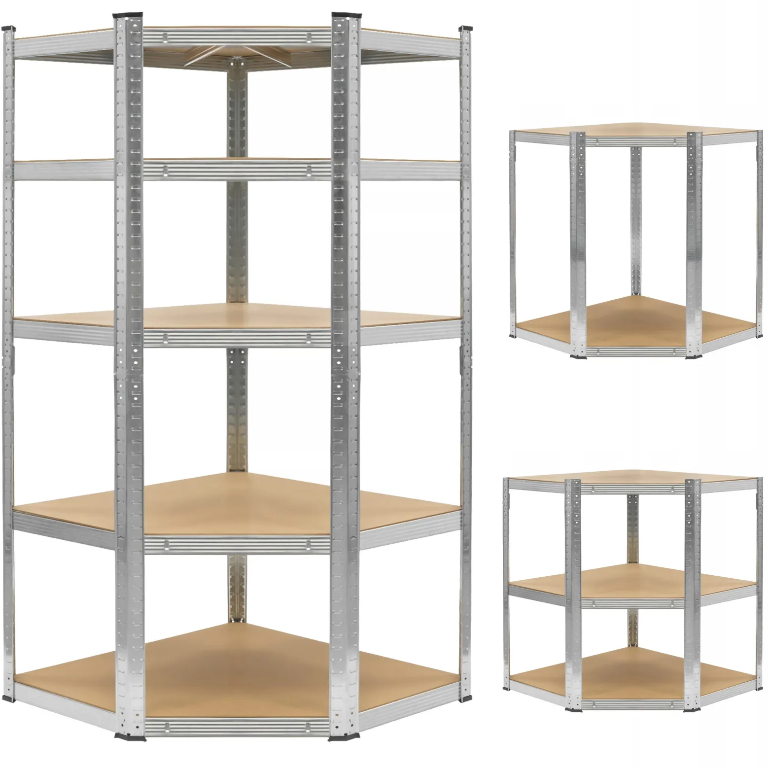 Regał magazynowy narożny metalowy srebrny 5 półek 2w1 180x90x90x40 cm
