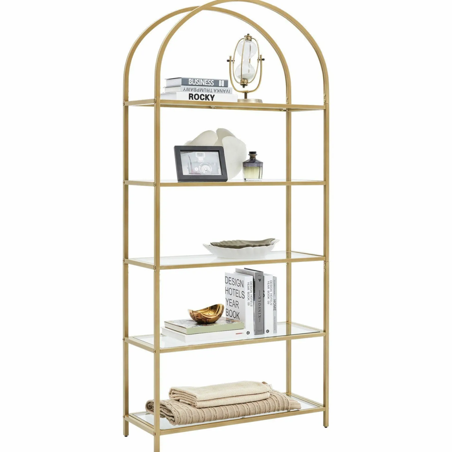 Regał metalowy złoty glamour 5 szklanych półek 183,5 cm 83x30,2 cm