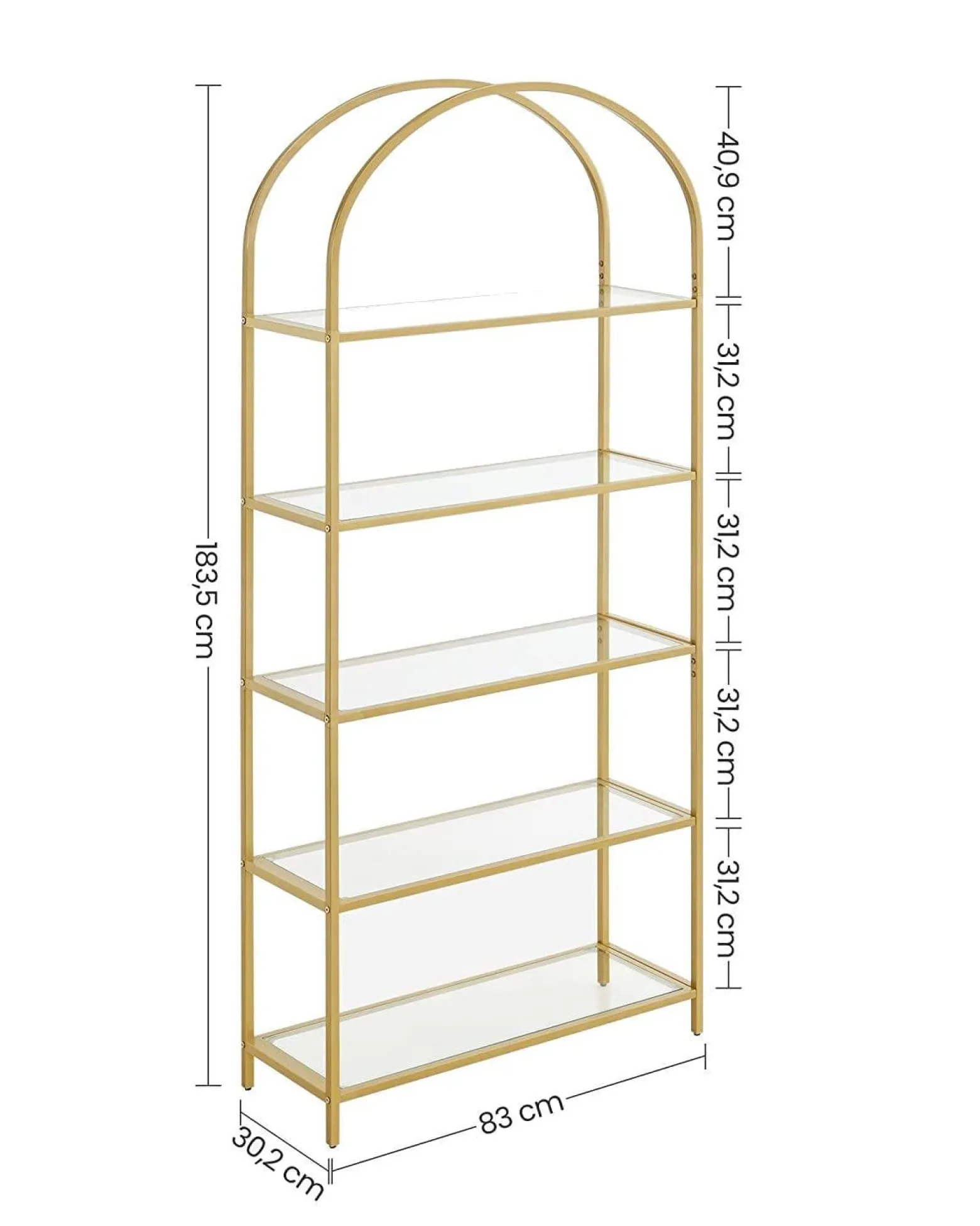Regał metalowy złoty glamour 5 szklanych półek 183,5 cm 83x30,2 cm