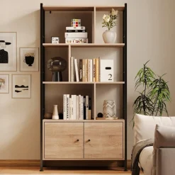 Regał na książki nowoczesny uniwersalny z zamykanymi szafkami loft pojemny